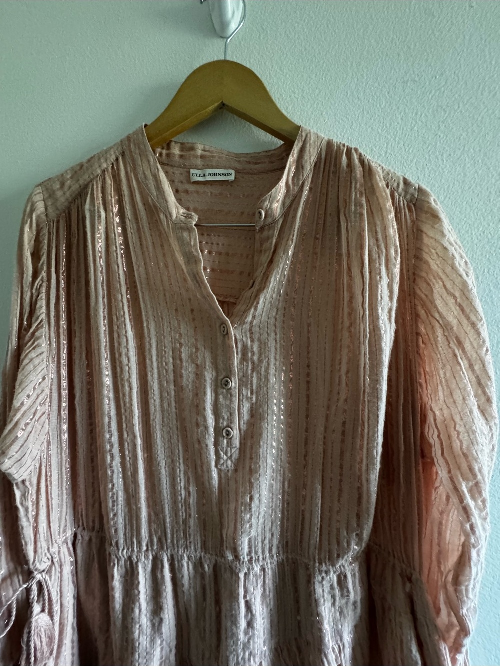 Ulla Johnson Della Metallic Pink Tiered Ruffle Long Sleeve Mini Dress size 8 - Picture 5 of 10